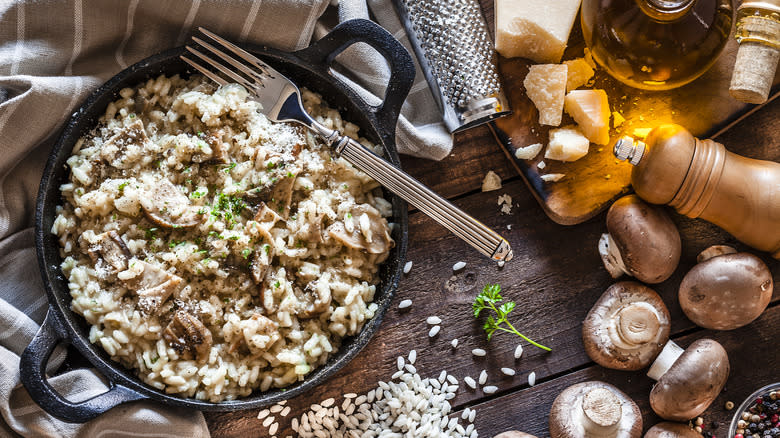 mushroom risotto in pan