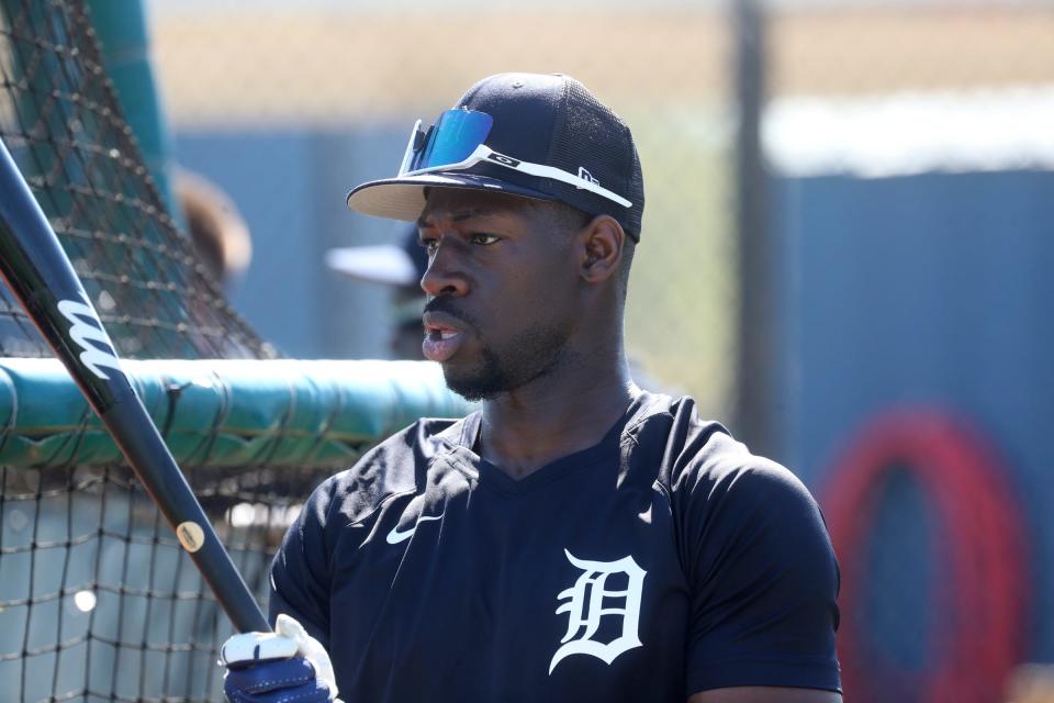 Tigers outfielder Jonathan Davis watches batting practice during spring training on Friday, Feb. 17, 2023, in Lakeland, Florida.