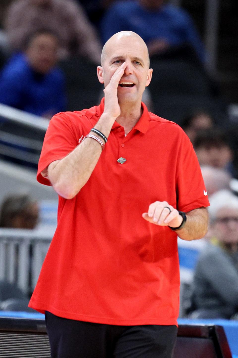 INDIANAPOLIS, INDIANA - MARCH 22: Head coach Steve Lutz of the Western Kentucky Hilltoppers reacts against the Marquette Golden Eagles during the first half in the first round of the NCAA Men's Basketball Tournament at Gainbridge Fieldhouse on March 22, 2024 in Indianapolis, Indiana. (Photo by Andy Lyons/Getty Images) ORG XMIT: 776103536 ORIG FILE ID: 2104759936