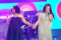 <p>Gladys Knight and Mickey Guyton perform at the 2021 CMT Music Awards at the Bridgestone Arena on June 9 in Nashville.</p>