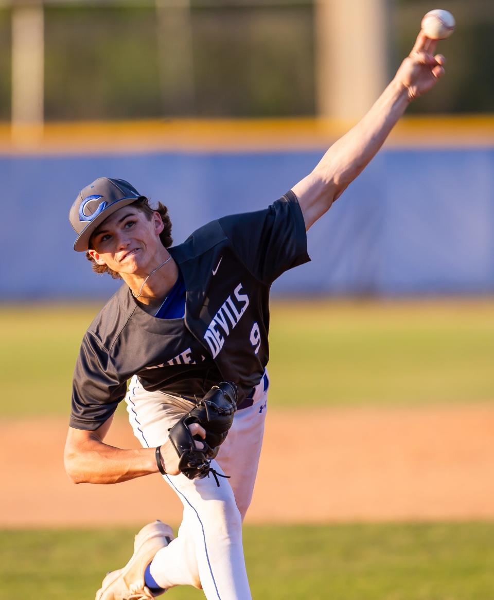 Clay's Rylan McMahan (9) pitches in an April game against Keystone Heights.