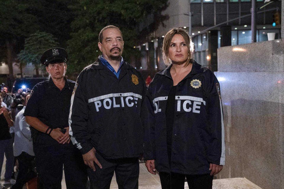 This image released by NBC shows Ice T as Sergeant Odafin "Fin" Tutuola, left, and Mariska Hargitay as Lieutenant Olivia Benson in a scene from "Law & Order: SVU." The show’s 21st season premieres on Sept. 26. (Photo by: Virginia Sherwood/NBC via AP)