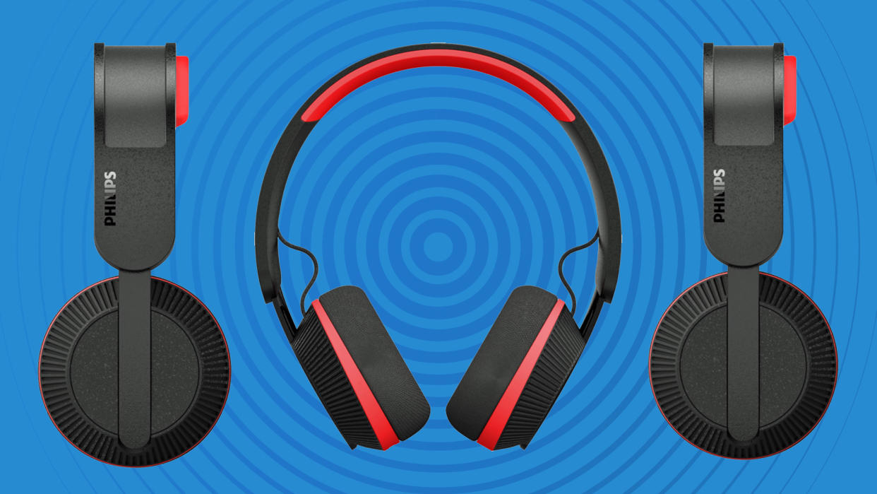  The Philips GO headphones on a blue background. 