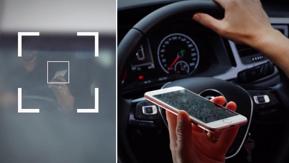 NSW has rolled out cameras to catch drivers out on their mobile phones. Pictured on the left is a man holding a phone while driving and on the right is a person holding a phone with their hand on a steering wheel.