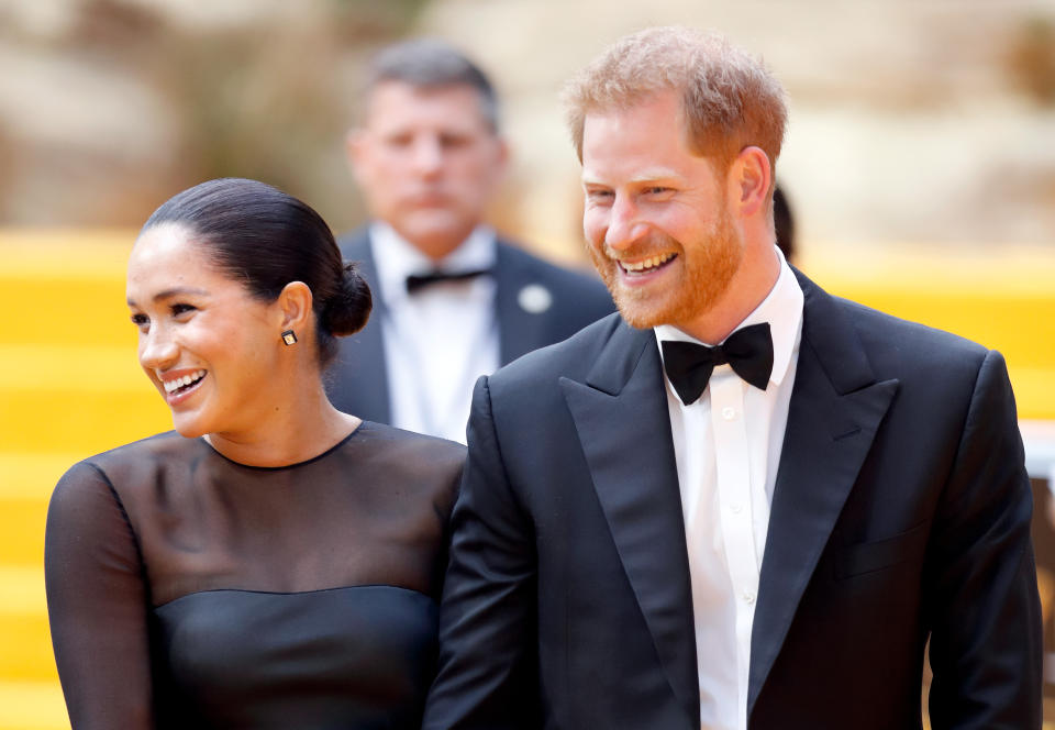 LONDON, UNITED KINGDOM - JULY 14: (EMBARGOED FOR PUBLICATION IN UK NEWSPAPERS UNTIL 24 HOURS AFTER CREATE DATE AND TIME) Meghan, Duchess of Sussex and Prince Harry, Duke of Sussex attend "The Lion King" European Premiere at Leicester Square on July 14, 2019 in London, England. (Photo by Max Mumby/Indigo/Getty Images)