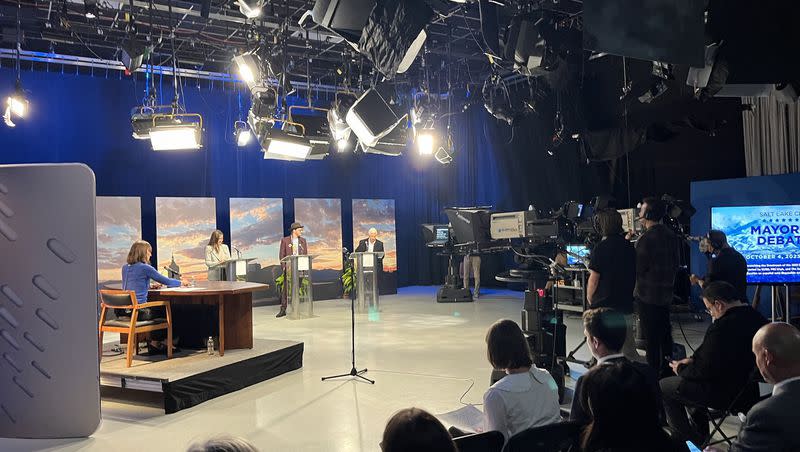 Salt Lake City Mayoral candidates prepare for a televised debate at the PBS Utah studio on the University of Utah campus in Salt Lake City on Wednesday evening.