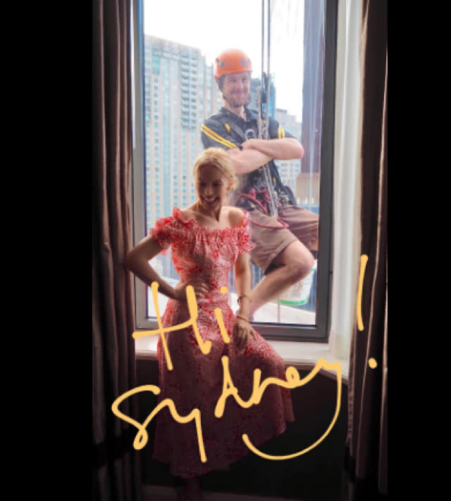 Window cleaner gets a selfie with Kylie at Sydney hotel