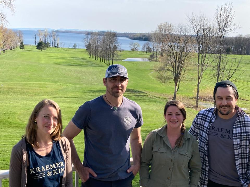 From left to right, Kraemer & Kin owners Heather, Levi and Christie Kraemer and chef Travis Limoge stand May 5, 2022 at the brewery's taproom at Alburg Golf Links.