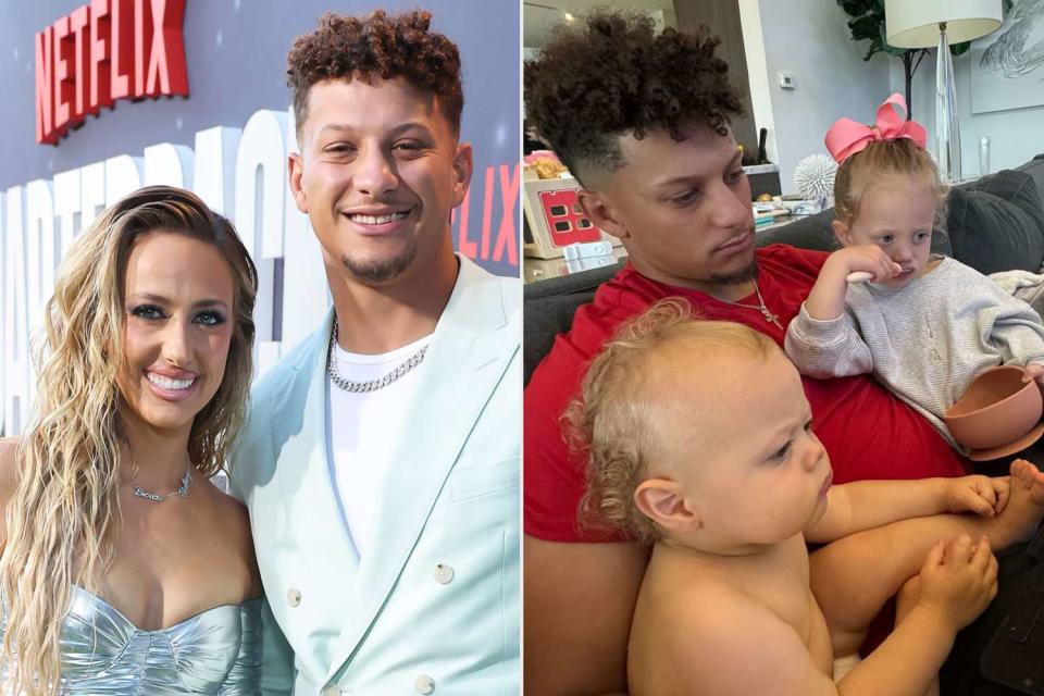 <p>Randy Shropshire/Getty; Brittany Mahomes/Instagram</p> Brittany and Patrick Mahomes; Patrick with his children Bronze and Sterling