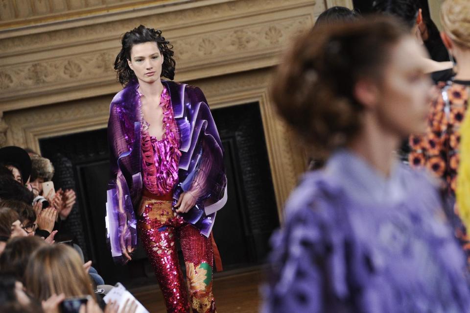 A model wears a creation by fashion designer Maurizio Galante as part of his Spring/Summer 2013 Haute Couture fashion collection, presented in Paris, Monday, Jan. 21, 2013. (AP Photo/Zacharie Scheurer)