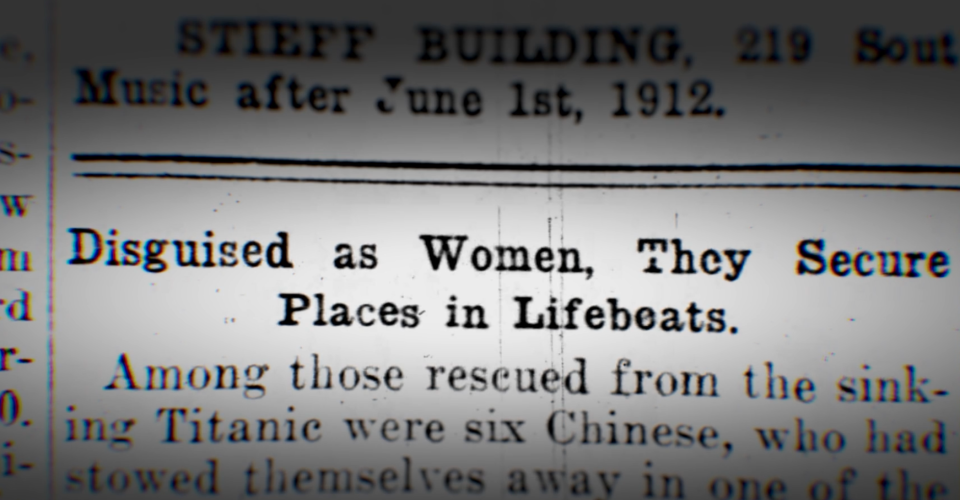 A newspaper excerpt of a story detailing the Chinese men's alleged behaviour to get on a lifeboat.