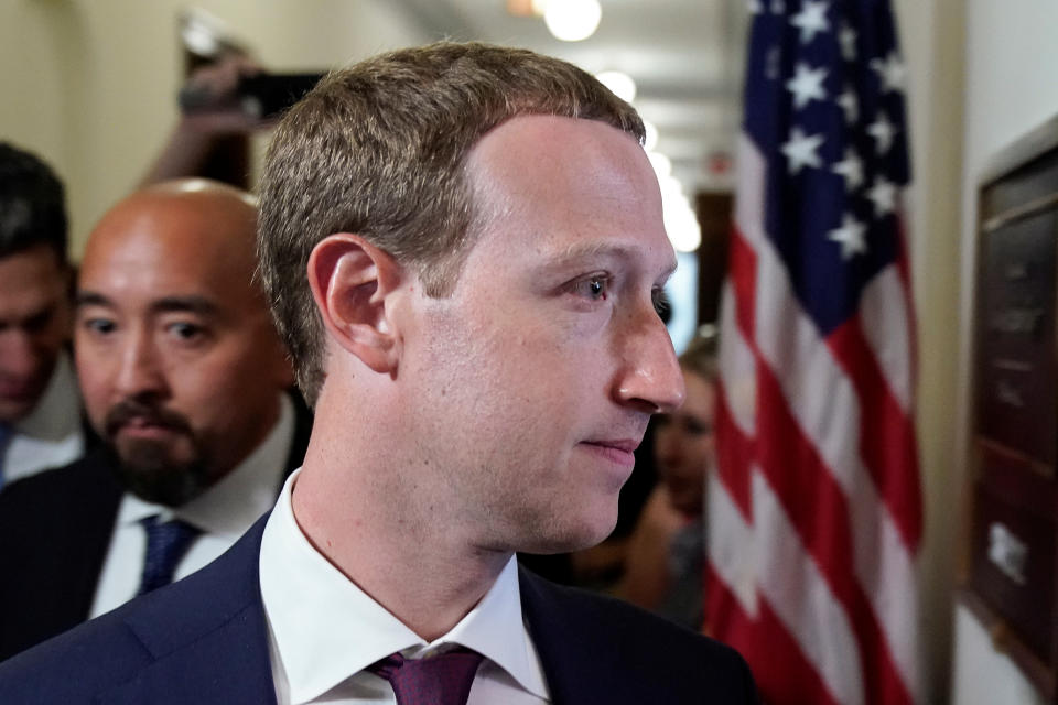 Facebook Chief Executive Mark Zuckerberg enters the office of U.S. Senator Josh Hawley (R-MO)  while meeting with lawmakers to discuss "future internet regulation on Capitol Hill in Washington, U.S., September 19, 2019. REUTERS/Joshua Roberts