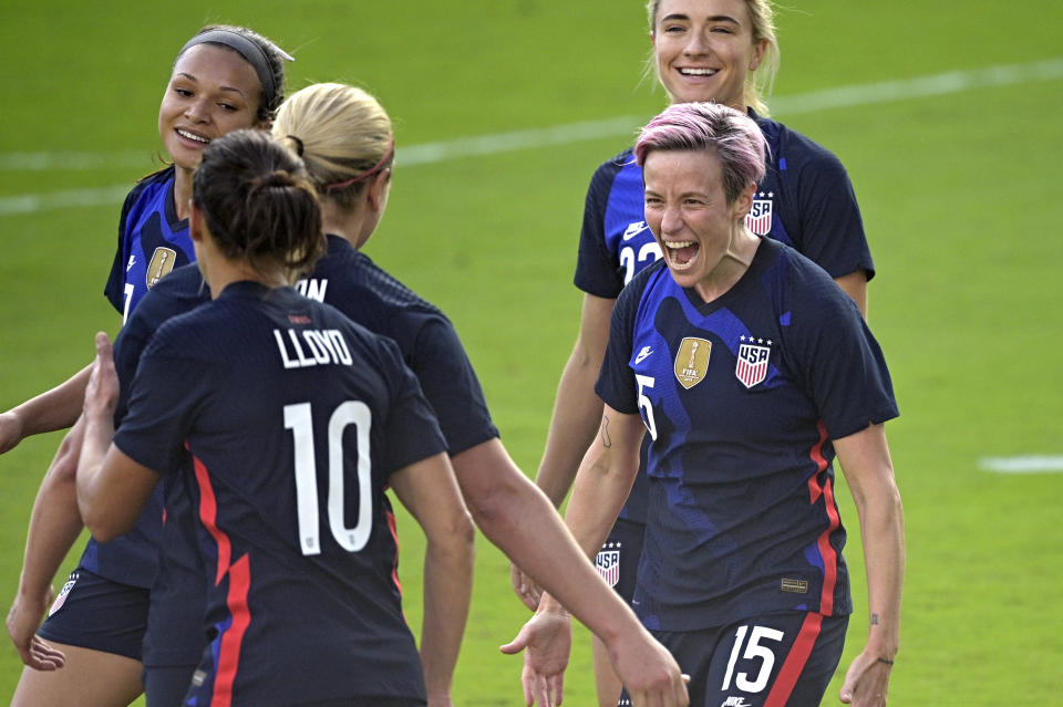 United States forward Megan Rapinoe (15) celebrates after scoring a goal during the second half of a SheBelieves Cup women's soccer match against Brazil, Sunday, Feb. 21, 2021, in Orlando, Fla. (AP Photo/Phelan M. Ebenhack)