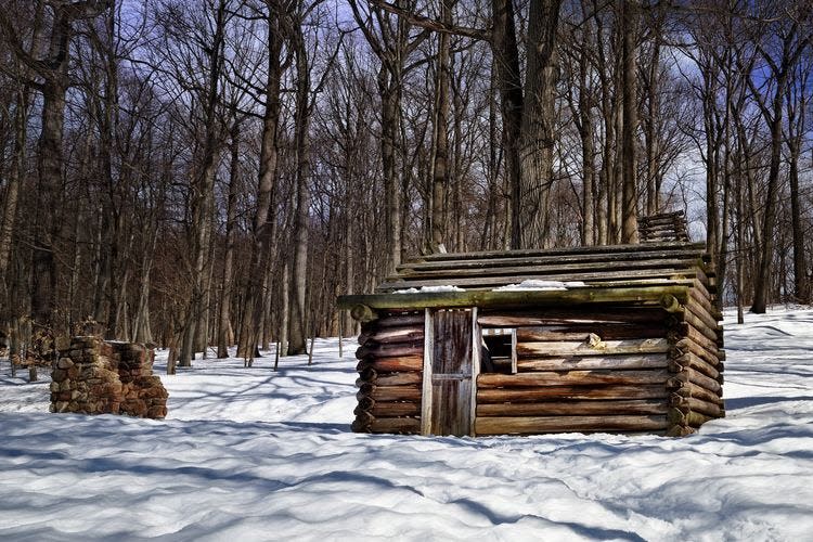 The crude log cabins that Washington's soldiers built for themselves in Morristown