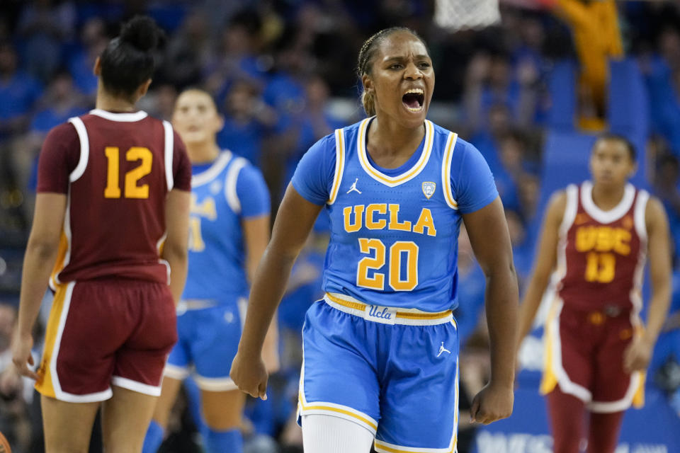 UCLA guard Charisma Osborne (20) celebrates after a defensive stop during the second half of an NCAA college basketball game against Southern California, Saturday, Dec. 30, 2023, in Los Angeles. (AP Photo/Marcio Jose Sanchez)
