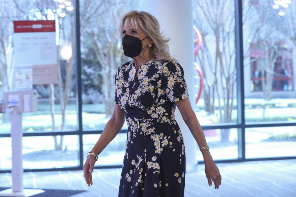 First lady Jill Biden visits the St. Jude Children's Research Hospital, Friday, March 25, 2022, in Memphis, Tenn. (AP Photo/Karen Pulfer Focht)