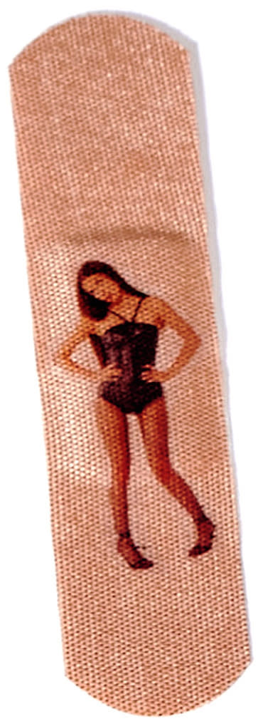 Picture of a small bandage with an image of Olivia Rodrigo wearing a black bodysuit with her hands on her hips printed on the bandage.