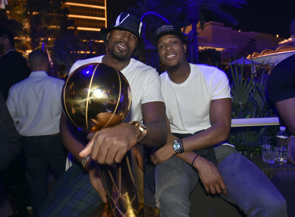 LAS VEGAS, NEVADA - JUNE 14: Serge Ibaka (L) and Kyle Lowry of the Toronto Raptors celebrate their NBA championship at XS Nightclub at Wynn Las Vegas on June 14, 2019 in Las Vegas, Nevada. (Photo by David Becker/Getty Images for Wynn Las Vegas)