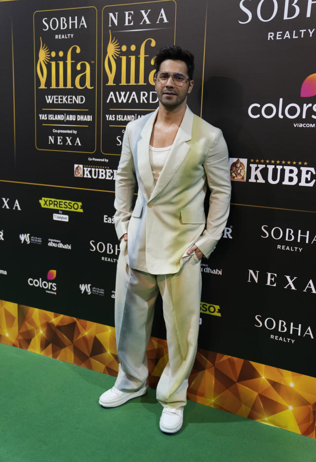 Bollywood actor Varun Dhawan arrives to attend the 23rd International Indian Film Academy (IIFA) awards In Abu Dhabi, United Arab Emirates, Friday, May 26, 2023. (AP Photo/Kamran Jebreili)