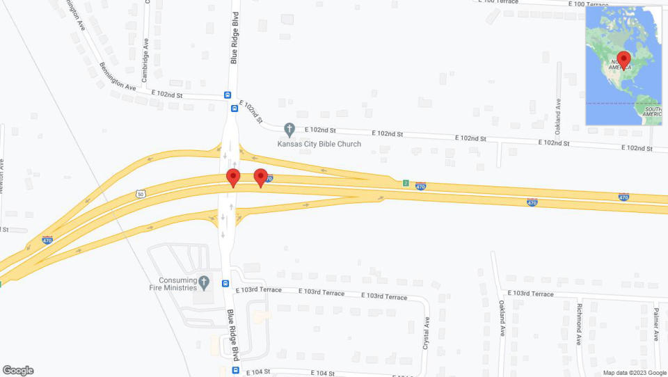 A detailed map that shows the affected road due to 'Broken down vehicle on eastbound I-470 in Kansas City' on December 29th at 2:10 p.m.