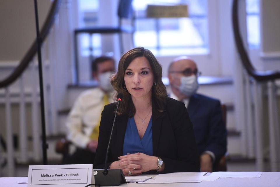 Nevada State Epidemiologist Melissa Peek-Bullock speaks about the COVID-19 crisis during a news conference in the Nevada State Capital Building on April 21, 2020.