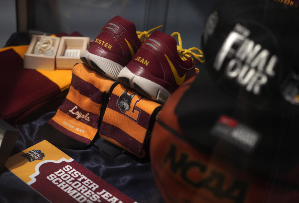 Sister Jean memorabilia from the 2018 NCAA Final Four season sits on display in a museum gallery dedicated to the life of the now 103-year-old Catholic nun, on Tuesday, Jan. 24, 2023, in Chicago. Sister Jean Dolores Schmidt is publishing her first book, "Wake Up with Purpose: What I've Learned in My First Hundred Years," in which she tells her story and offers life lessons and spiritual guidance. (AP Photo/Jessie Wardarski)