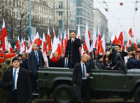 Poland's President Andrzej Duda delivers a speech before the official start of a march marking the 100th anniversary of Polish independence in Warsaw, Poland November 11, 2018. Agencja Gazeta/Agata Grzybowska via REUTERS