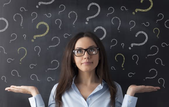 A women in front of a chalkboard covered in question marks shrugs her shoulders.