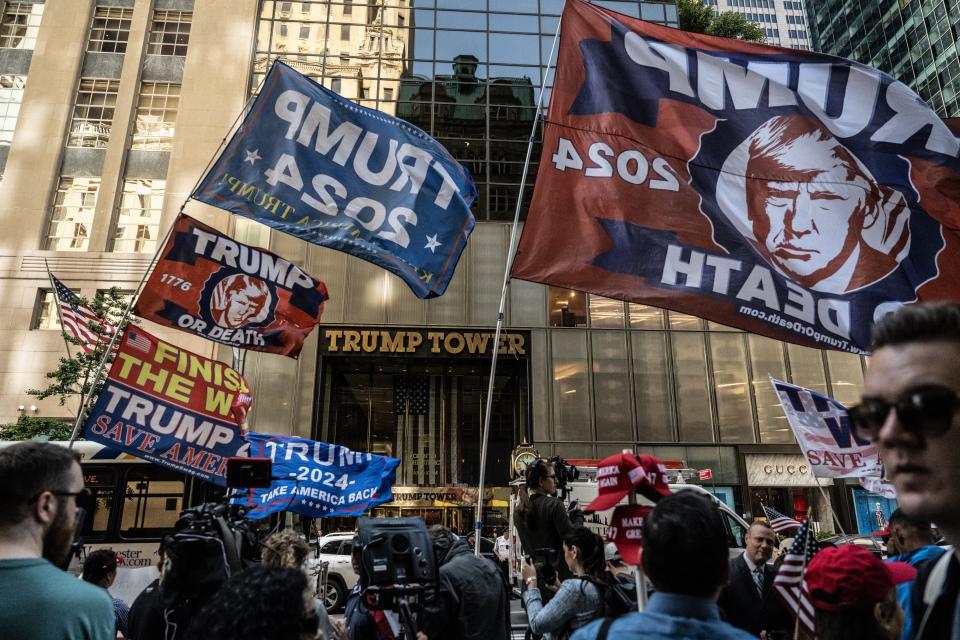 Crowds gather in front of Trump Tower ahead of a press conference by former President Donald Trump on May 31, 2024 in New York City.  A New York jury on Thursday found Trump guilty of all 34 charges of covering up a $130,000 hush money payment to adult film star Stormy Daniels to prevent her story about their alleged affair from being published during the 2016 presidential election.  Trump is the first former US president to be convicted of crimes.