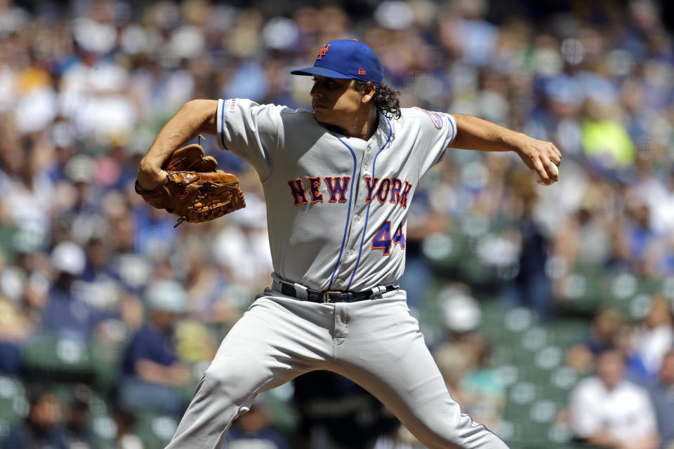 New York Mets' Jason Vargas pitches during the first inning of a baseball game against the Milwaukee Brewers, Sunday, May 5, 2019, in Milwaukee. (AP Photo/Aaron Gash)