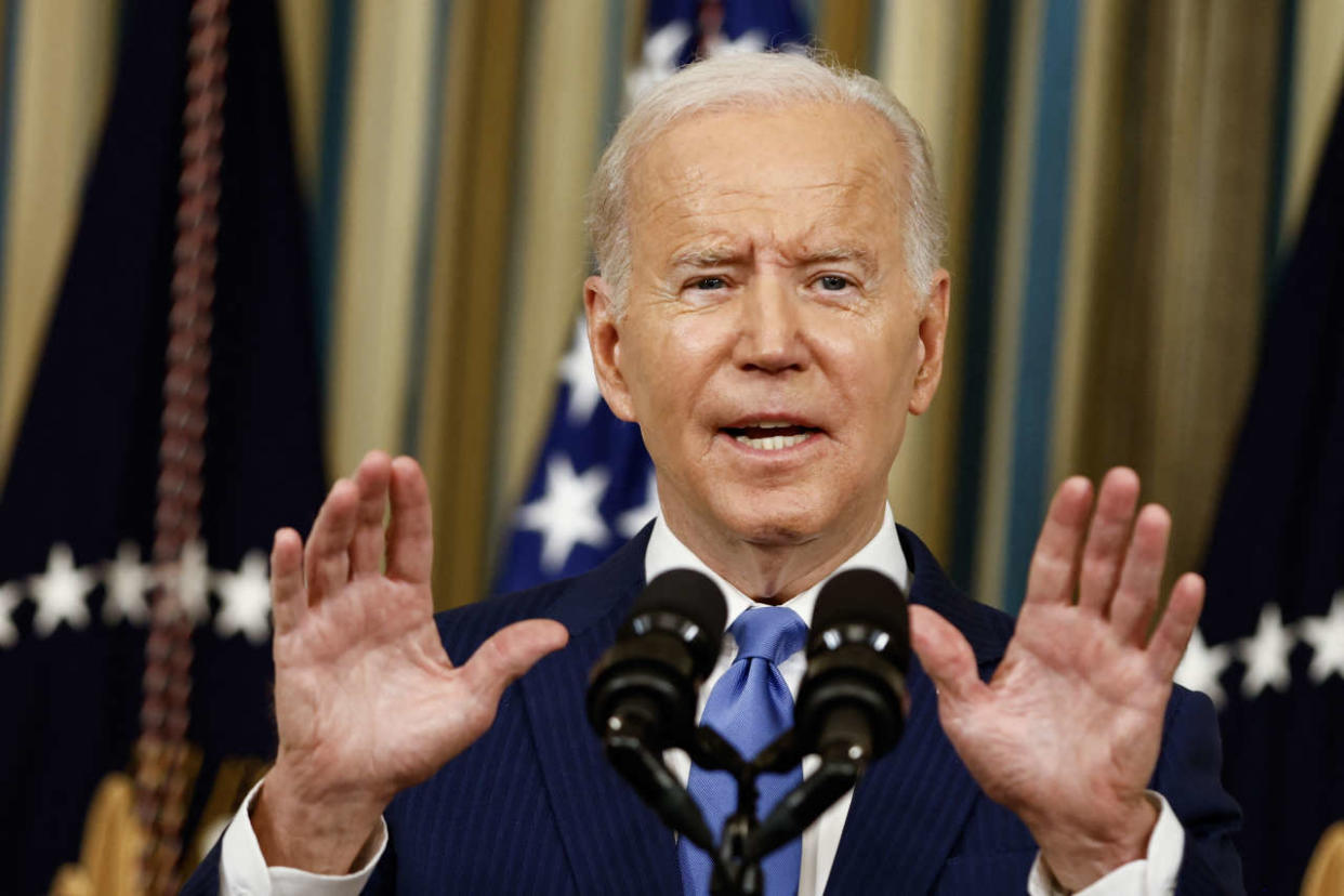 WASHINGTON, DC - NOVEMBER 09: U.S. President Joe Biden delivers remarks in the State Dining Room, at the White House on November 09, 2022 in Washington, DC. President Biden spoke about the mid term elections, control of house and senate in 2023, and the administrations achievements during the past two years of office.   Samuel Corum/Getty Images/AFP (Photo by Samuel Corum / GETTY IMAGES NORTH AMERICA / Getty Images via AFP)