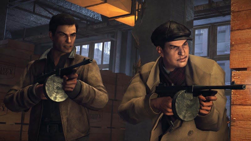 Two Mafia II characters point tommy guns.