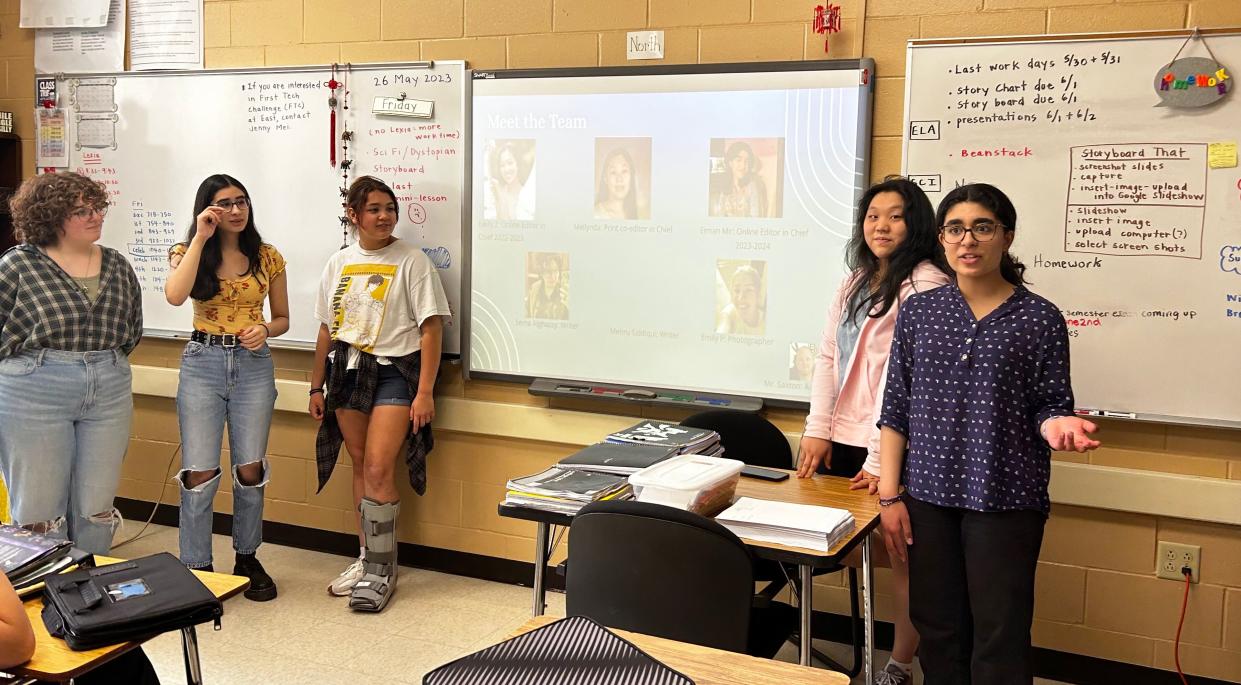 Eiman Mir (right) is shown with other Brookfield East Spartan Banner staff members. Mir was recognized as the 2024 Journalist of the Year by the Wisconsin Journalist Education Association.