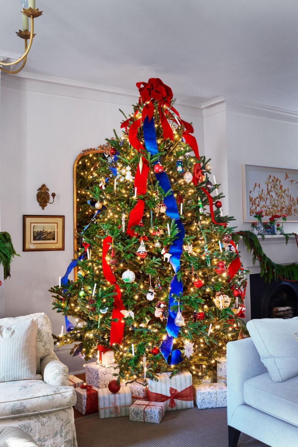 Christmas Tree with Red and Blue Ribbons