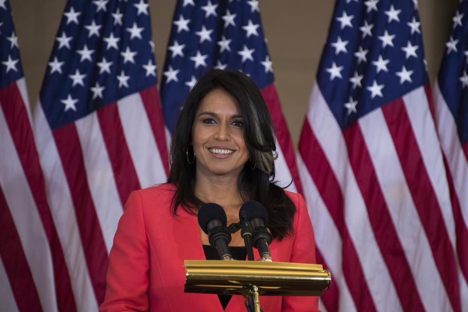 Rep. Tulsi Gabbard, D-Hawaii, at a Congressional Gold Medal ceremony in Emancipation Hall to honor Filipino veterans of World War II in October 2017. (Photo: Tom Williams/CQ Roll Call)