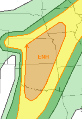 Nearly the entire eastern half of Kansas is shown in brown as being among areas seeing an "enhanced" chance for severe weather during the late afternoon and early evening Saturday, said this graphic posted online by the National Weather Service.