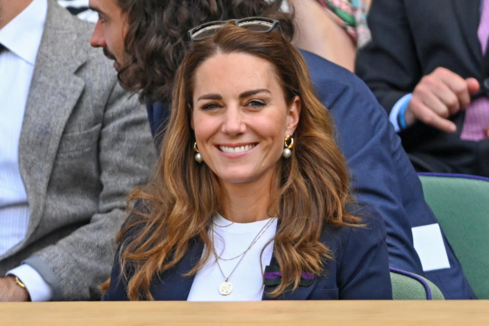 LONDON, ENGLAND - JULY 02: Catherine, Duchess of Cambridge attends Wimbledon Championships Tennis Tournament at All England Lawn Tennis and Croquet Club on July 02, 2021 in London, England. (Photo by Karwai Tang/WireImage)