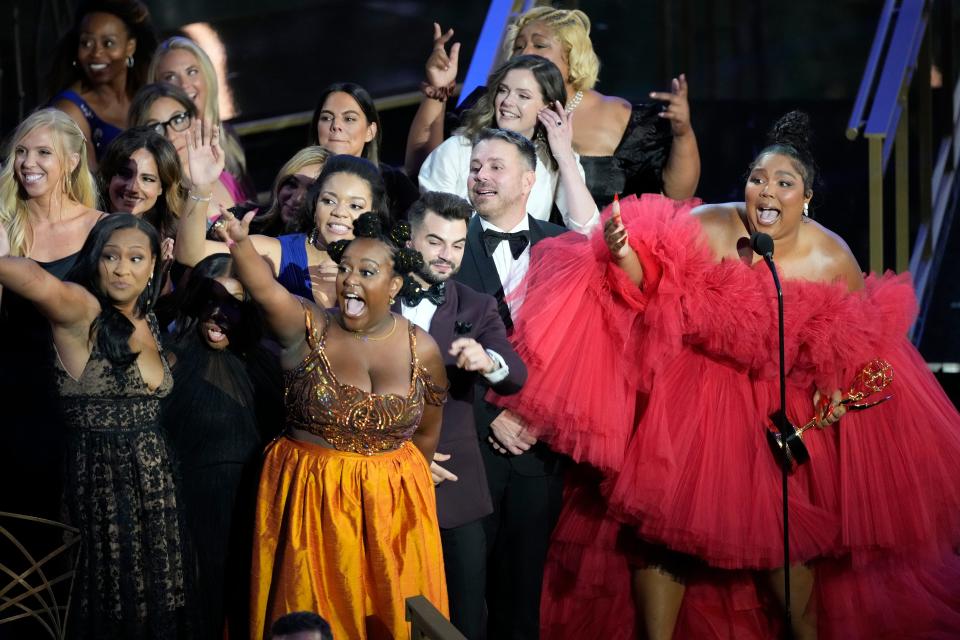 Lizzo and the cast and crew of the Prime Video program “Lizzo's Watch Out For The Big Grrrls” accepts the award for outstanding competition program during the 74th Emmy Awards.