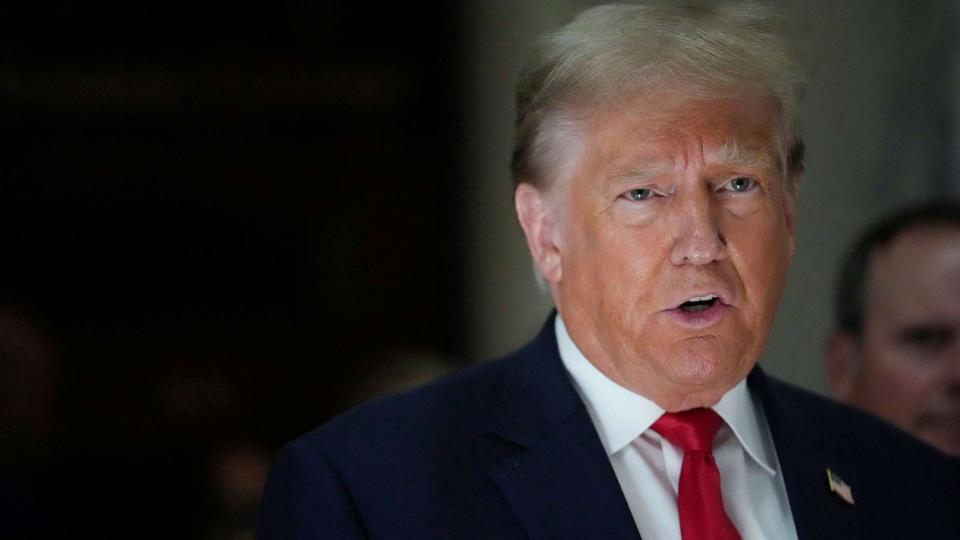 PHOTO: Former President Donald Trump, speaks to reporters as he leaves the courtroom during a lunch break in his civil business fraud trial, Oct. 4, 2023, in New York. (Mary Altaffer/AP, FILE)