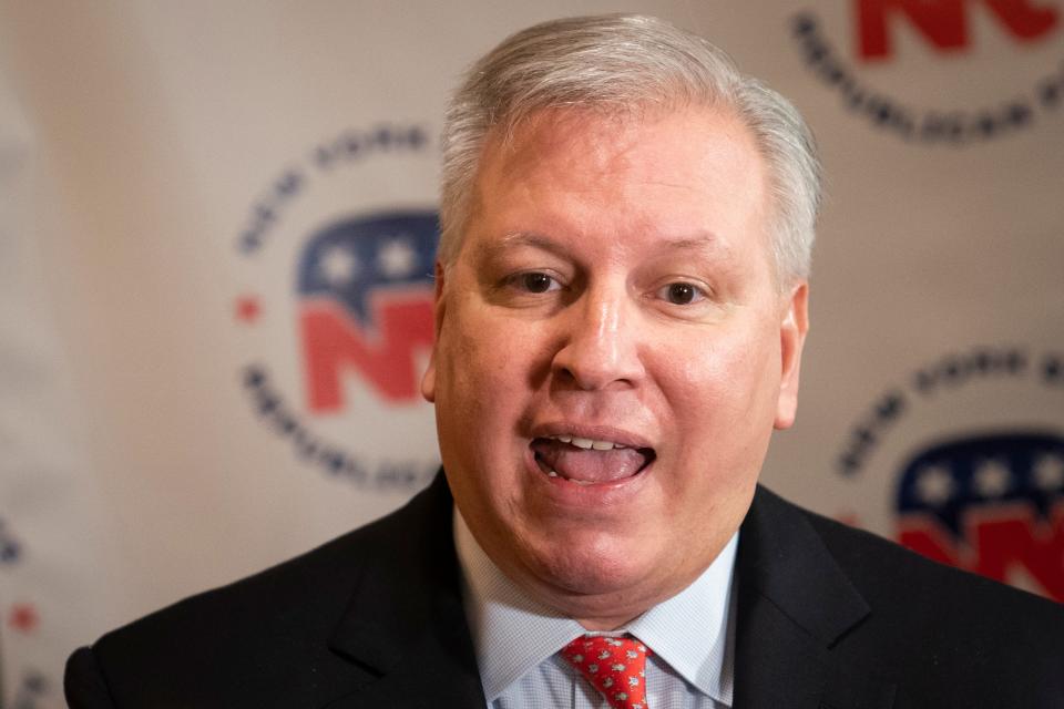 Republican businessman Harry Wilson speaks to reporters at the 2022 NY GOP Convention, Tuesday, March 1, 2022, in Garden City, N.Y. Wilson threw his hat into the gubernatorial race in Feb. 2022.