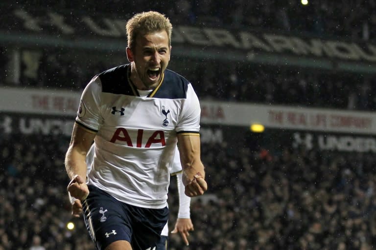 Tottenham Hotspur's Harry Kane celebrates after scoring their third goal from the penalty spot against West Ham United at White Hart Lane in London, on November 19, 2016