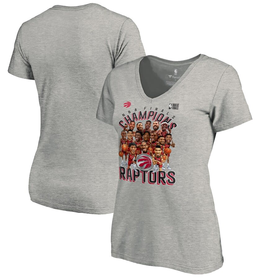 Toronto Raptors Fanatics Branded Women's 2019 NBA Finals Champions Caricature Roster V-Neck T-Shirt - Heather Charcoal