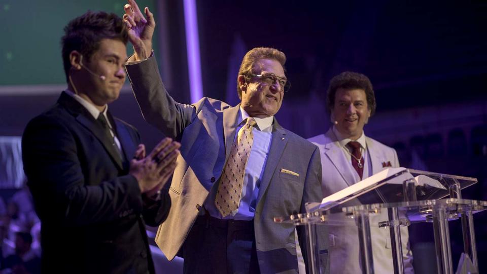 Kelvin (Adam DeVine), Dr. Eli (John Goodman) and Jesse Gemstone (Danny McBride) in <em>The Righteous Gemstones.</em>