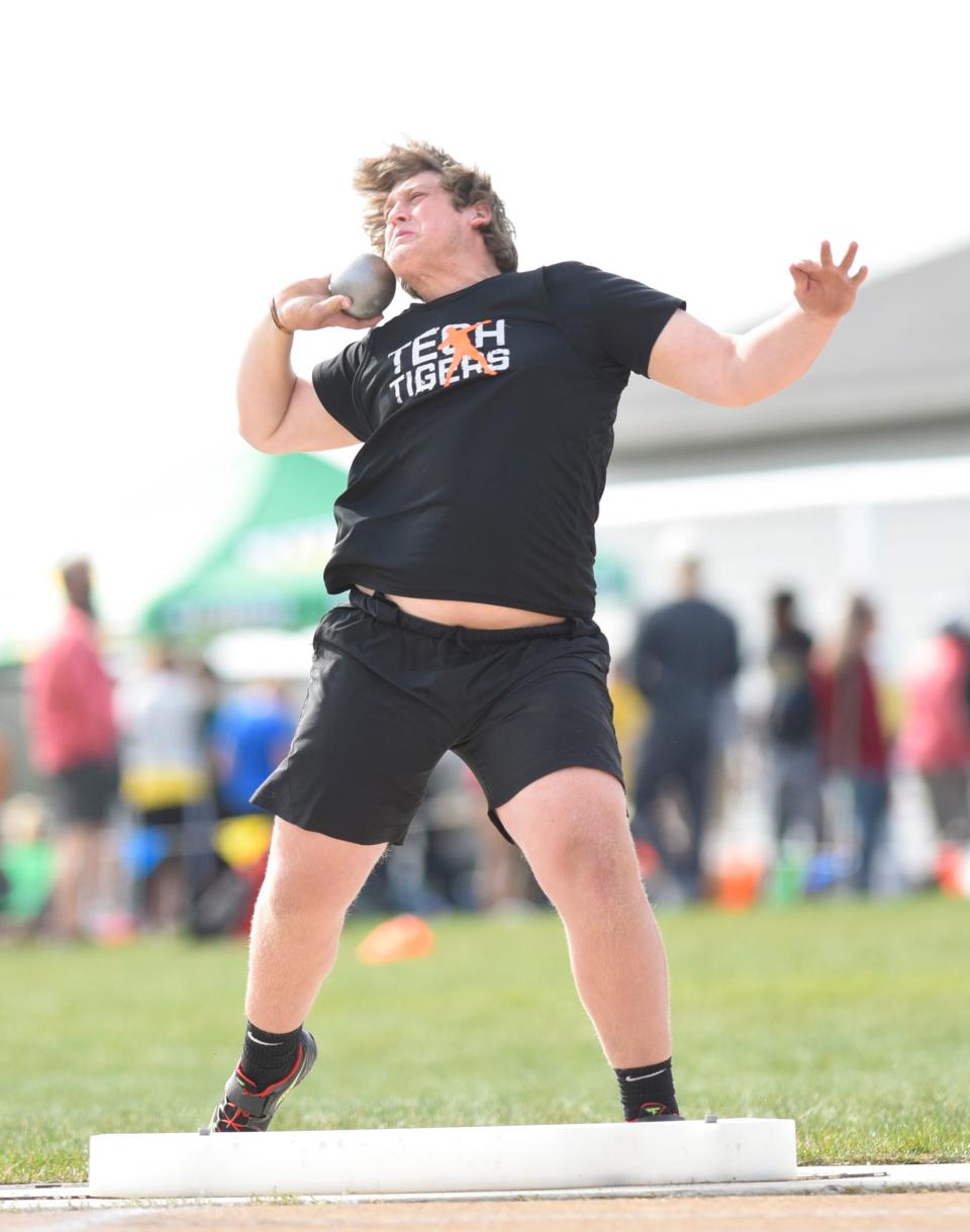 Tech's John Kaczor throws the shot put Tuesday, May 24, 2022, at the Central Lakes Conference Championship at Tech High School.