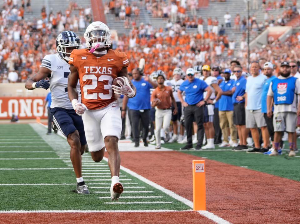 With the loss of CJ Baxter, it's Jaydon Blue, shown here running for a touchdown against BYU last October, who'll take over as the Longhorns' starting running back.