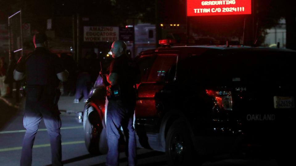 <div>OAKLAND, CALIFORNIA - MAY 24: Oakland police investigate a multiple shooting at Skyline High School in Oakland, Calif., on Thursday, May 24, 2024. Three victims were shot after Skylines graduation ceremony. (Jane Tyska/Digital First Media/East Bay Times via Getty Images)</div>