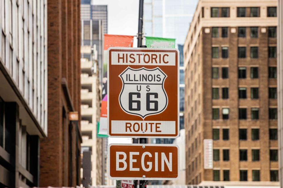 Route 66 Illinois Begin road sign at Chicago city