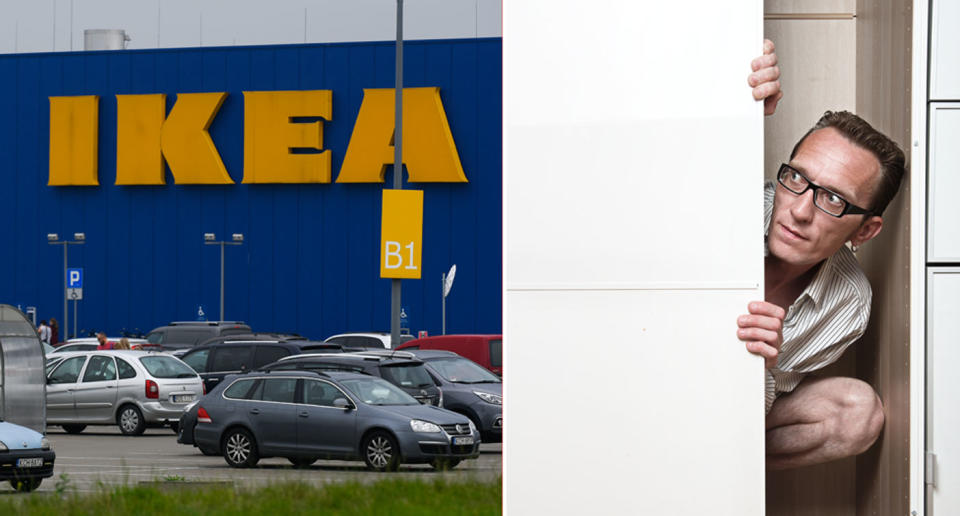 An Ikea at Krakow in Poland and a file pic of a man hiding in a cupboard. 
