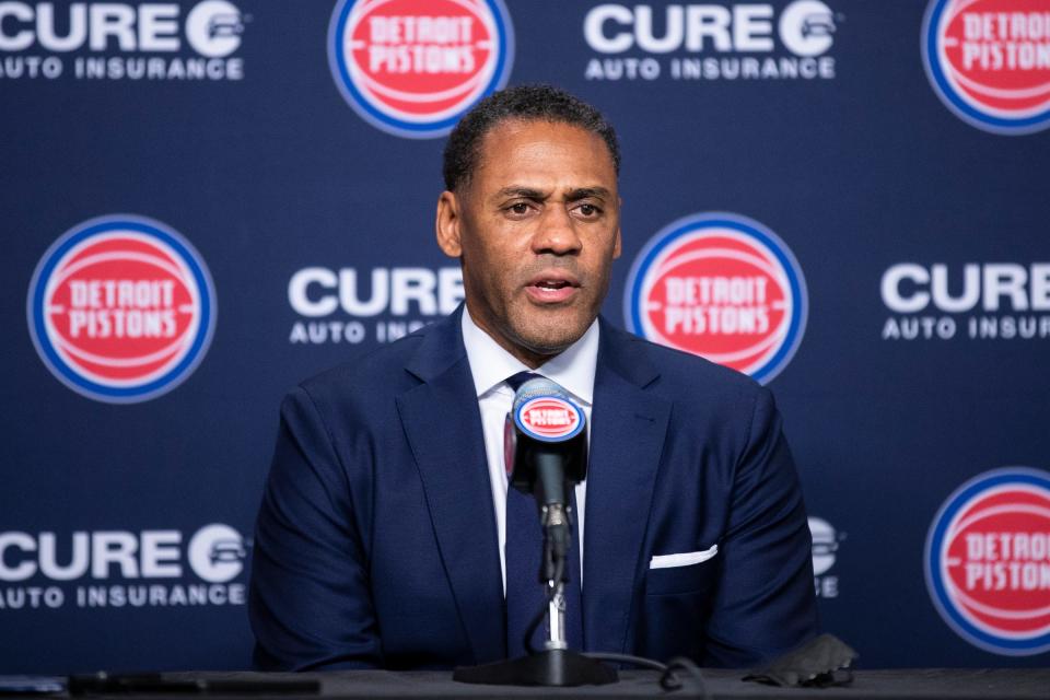 Detroit Pistons general manager Troy Weaver speaks during media day at Little Caesars Arena in Detroit on Monday, Sept. 27, 2021.