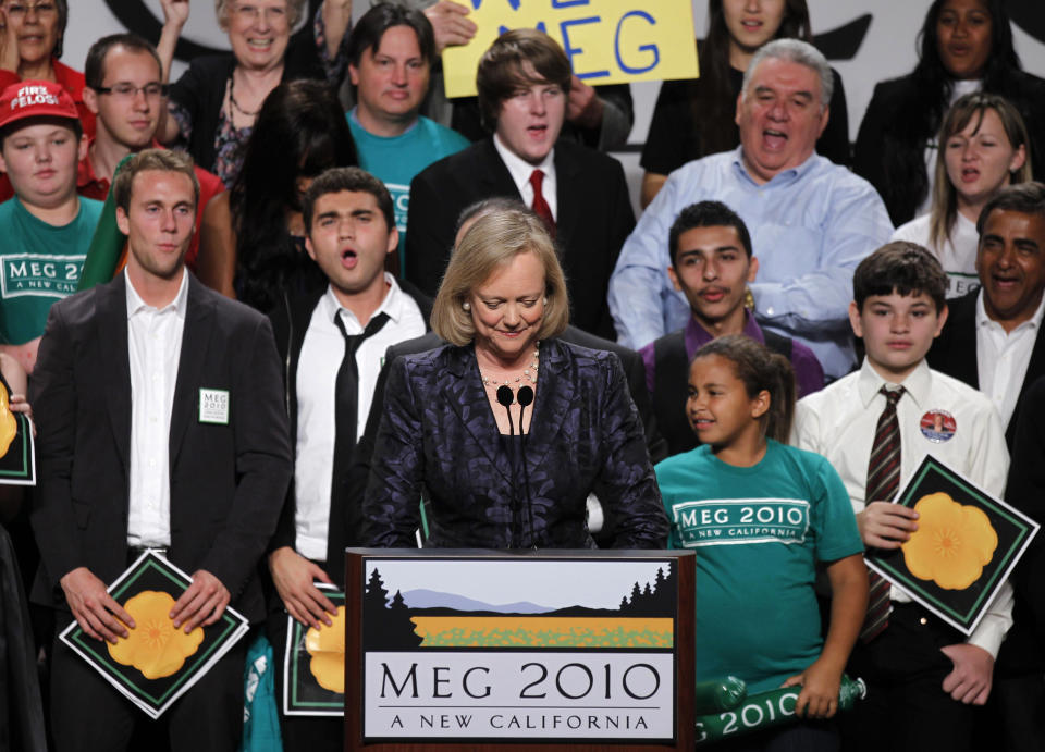 California Republican gubernatorial candidate Meg Whitman concedes to Democratic candidate Jerry Brown as she speaks to supporters during her election night rally in Los Angeles, California, November 2, 2010.  REUTERS/Lucy Nicholson (UNITED STATES - Tags: ELECTIONS POLITICS)